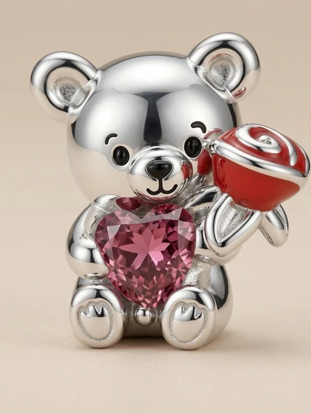 Sterling Silver Teddy Bear charm with Pink Heart and Red Rose